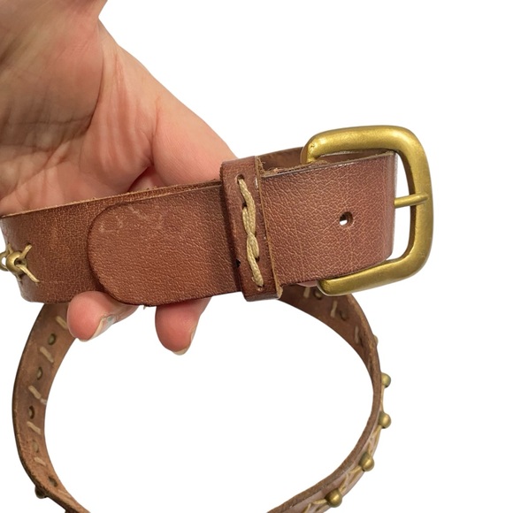 Vintage Brown Leather Belt Brass Studs Studded Boho Unique L XL - Picture 6 of 7